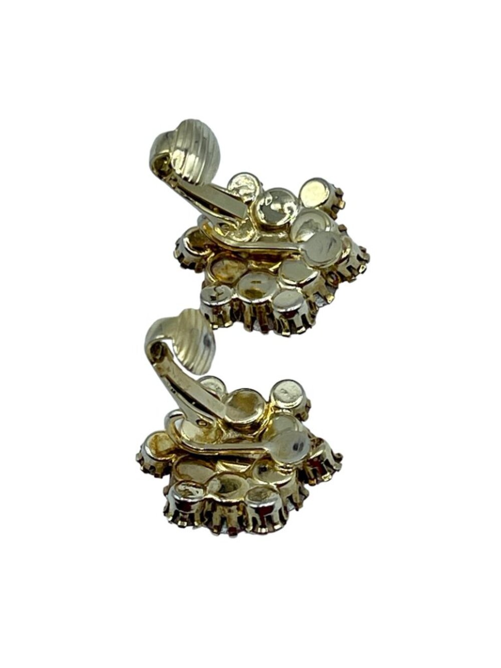 Pink Rhinestone Earrings Two Toned Prong Set Cluster Vintage Clip On Gold Tone - Picture 13 of 16